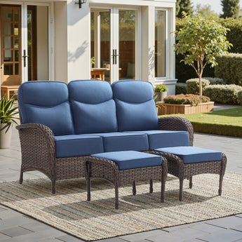 Modern 3-Piece Patio Sofa Set with Ottomans – Deep 6" Cushions, Waterproof Wicker for Relaxed Deck Lounging, ND Series - Belord