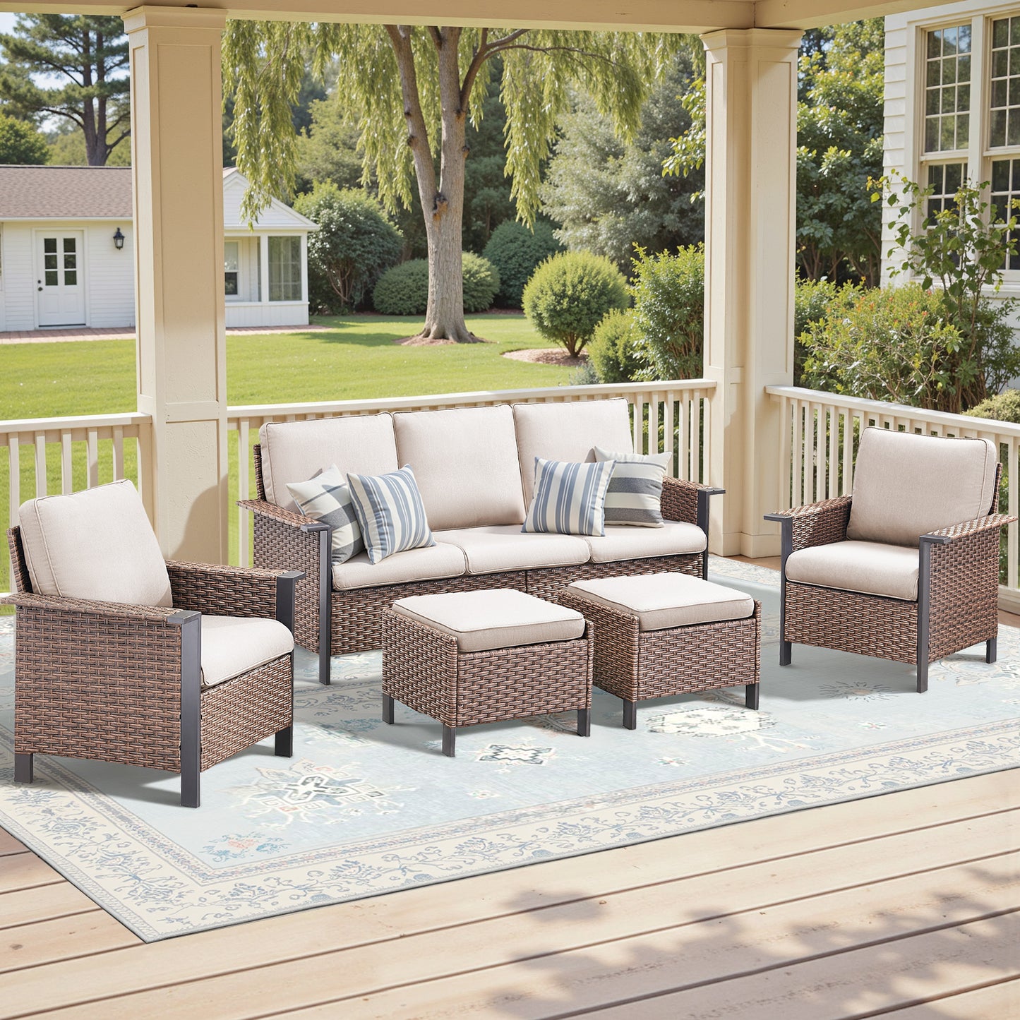 5-Piece All-Weather PE Wicker Conversation Set — Includes 1 Sofa, 2 Patio Chairs & 2 Ottomans with Cushions, WNG Series