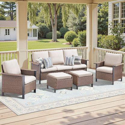 5-Piece All-Weather PE Wicker Conversation Set — Includes 1 Sofa, 2 Patio Chairs & 2 Ottomans with Cushions, WNG Series
