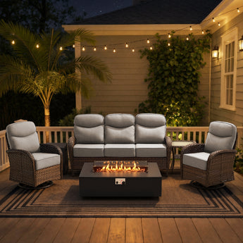 Upgraded 6" Cushion Luxury 5-Piece Patio Furniture Set with Split Fire Pit Table – High-Back Swivel Chairs for Cozy Summer Nights, ND Series - Belord