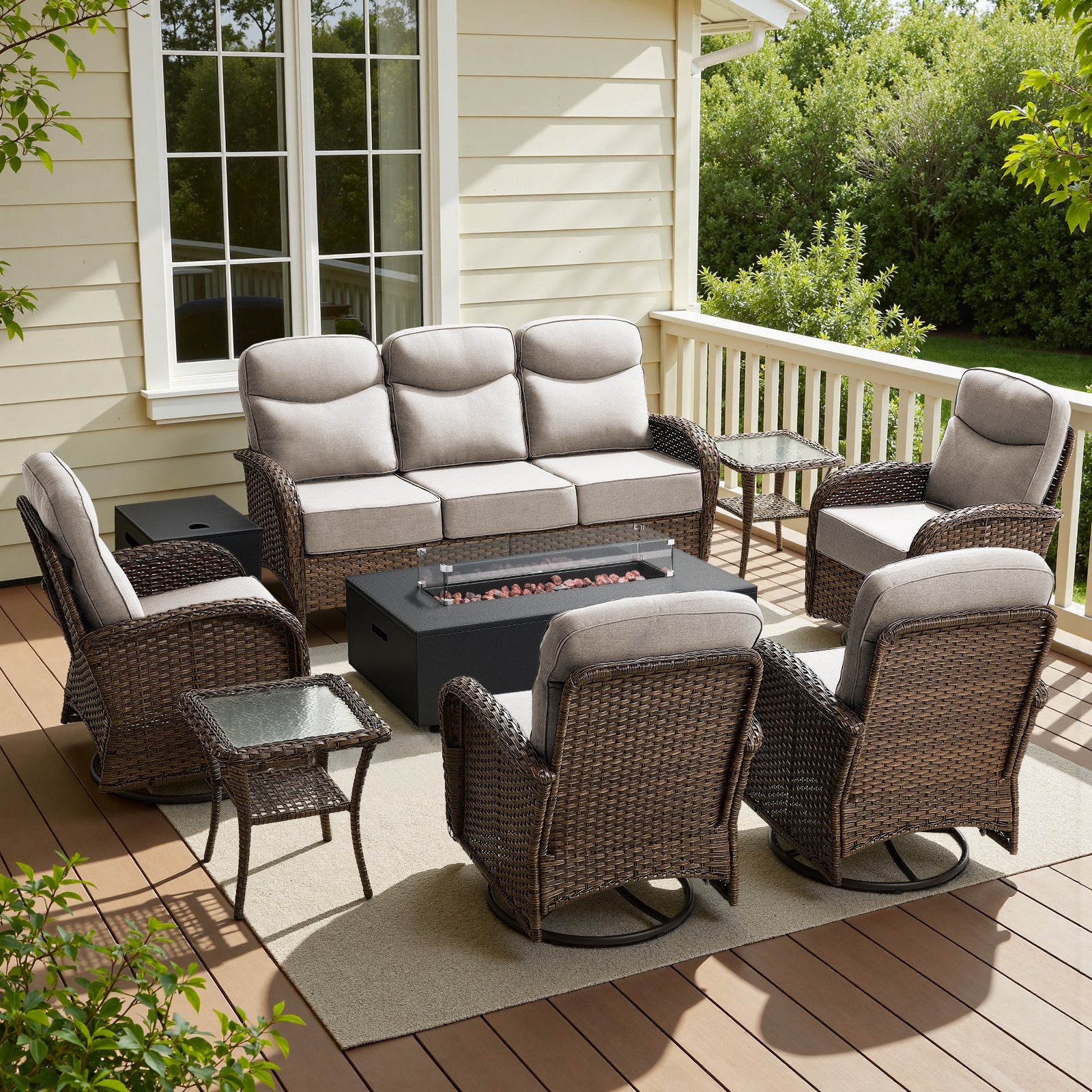 Spacious 8-Piece Patio Furniture Set with Split Fire Pit Table – High-Back Swivel Seating for Backyard Hosting, ND Series - Belord