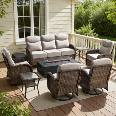 Spacious 8-Piece Patio Furniture Set with Split Fire Pit Table – High-Back Swivel Seating for Backyard Hosting, ND Series - Belord