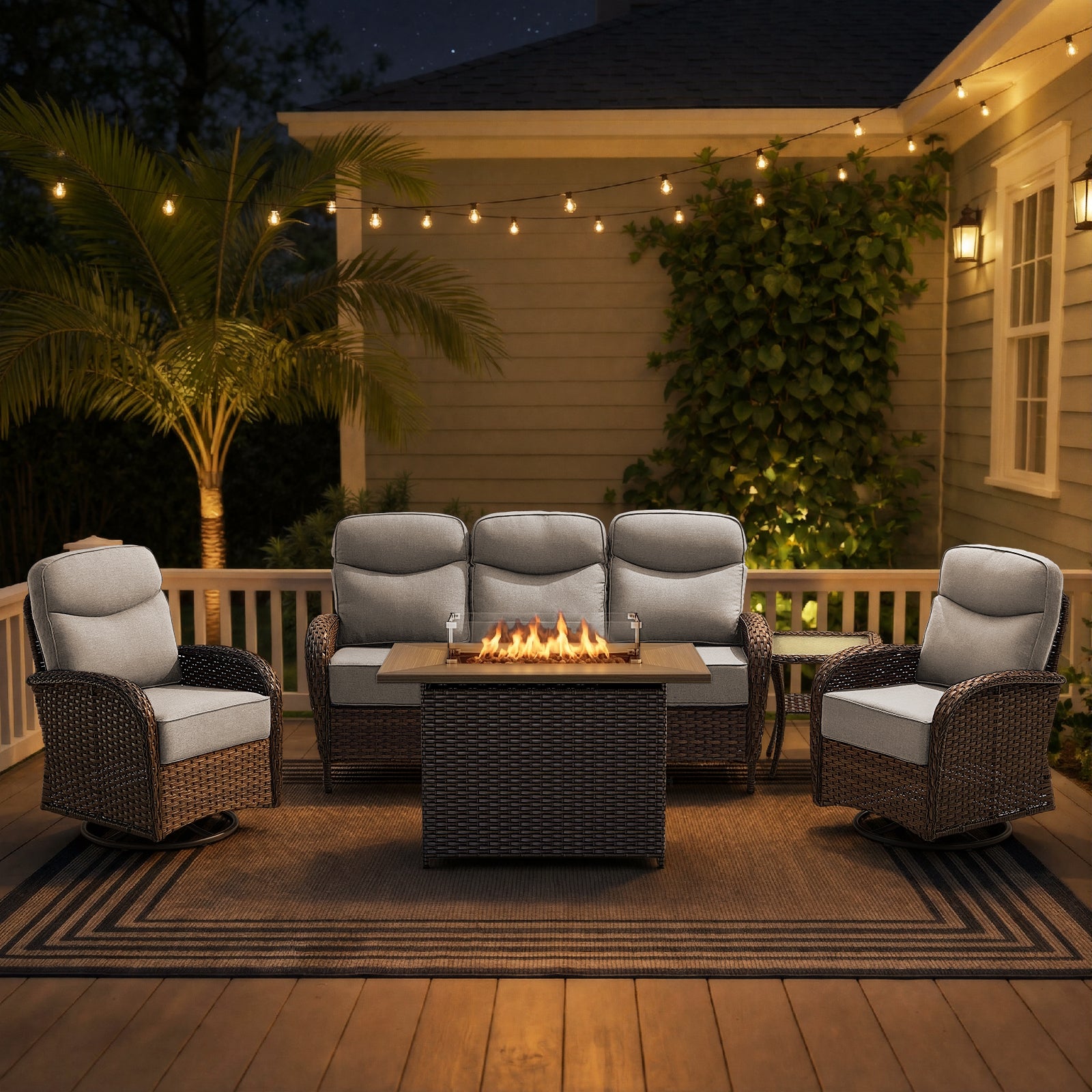 Luxury 5-Piece Rattan Patio Furniture Set with Wicker Fire Pit Table – 6" Cushions for Garden & Backyard Living, ND Series - Belord