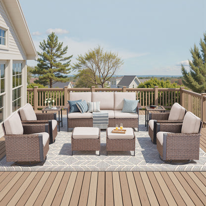 Complete 9-Piece Outdoor Lounge Set — Rattan-Style Sofa & 4 Swivel Rocker Chairs, WNG Series