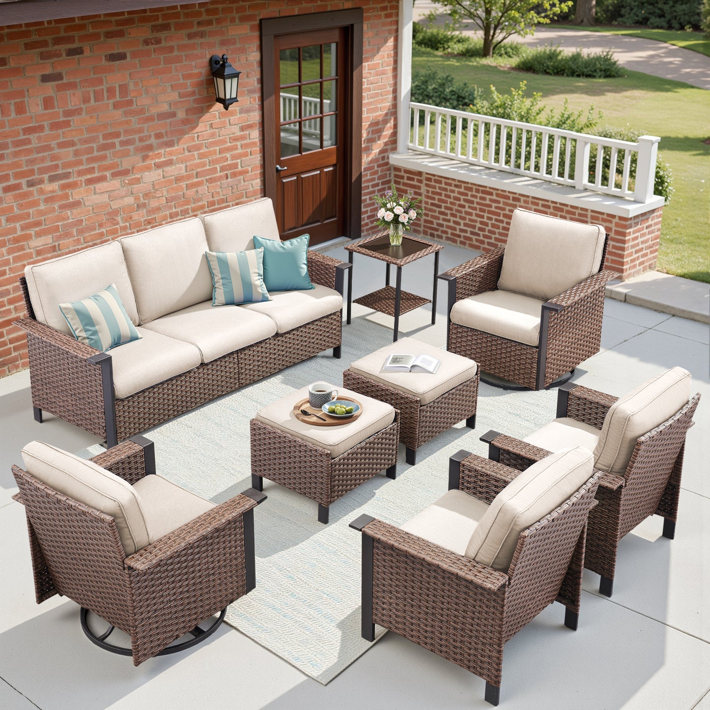 8-Piece Patio Set with Swivel Chairs: All-Weather Wicker 3-Seater Sofa, 2 Ottomans & Rattan Side Table, WNG Series