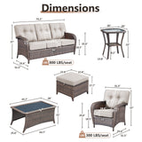 Belord 7-piece patio conversation set with brown wicker frames, beige cushions, includes sofa, chairs, tables, and footstools.