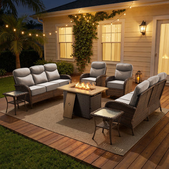 Luxury 7-Piece Rattan Patio Set with Wicker Fire Pit Table – Premium Seating for Patio & Backyard, ND Series - Belord