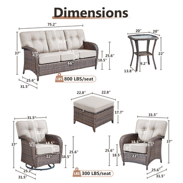 Belord 8-piece outdoor patio sofa set with brown wicker, beige cushions, swivel chairs, side table, and footstools for outdoor relaxation.