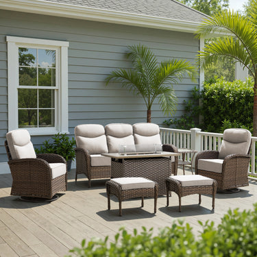 Premium 7-Piece Wicker Patio Set with Rattan Fire Pit Table – High-Back Seating for Garden Relaxation, ND Series - Belord