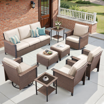 Large 9-Piece Conversation Set — Sofa, 4 Chairs (2 Swivel & 2 Patio Chairs), 2 Ottomans, 2 Side Tables, WNG Series