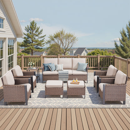 Outdoor Patio Furniture Set (8-Piece): All-Weather Wicker Sofa & 4 Patio Chairs & 2 Ottomans & Side Table, WNG Series
