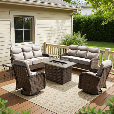 Luxury 7-Piece Rattan Patio Set with Wicker Fire Pit Table – Premium Seating for Patio & Backyard, ND Series - Belord