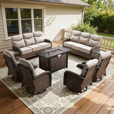Spacious 9-Piece Patio Conversation Set with Metal Fire Pit Table – All-Weather Wicker Seating for Outdoor Gatherings, ND Series - Belord
