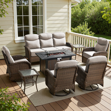 Premium 8-Piece Patio Conversation Set with Metal Fire Pit Table – All-Weather Wicker for Outdoor Parties, ND Series - Belord