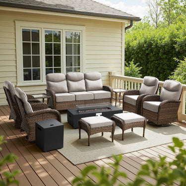 Luxury 10-Piece Patio Lounge Set with Split Fire Pit Table & Ottomans – Ultimate Outdoor Comfort, ND Series - Belord