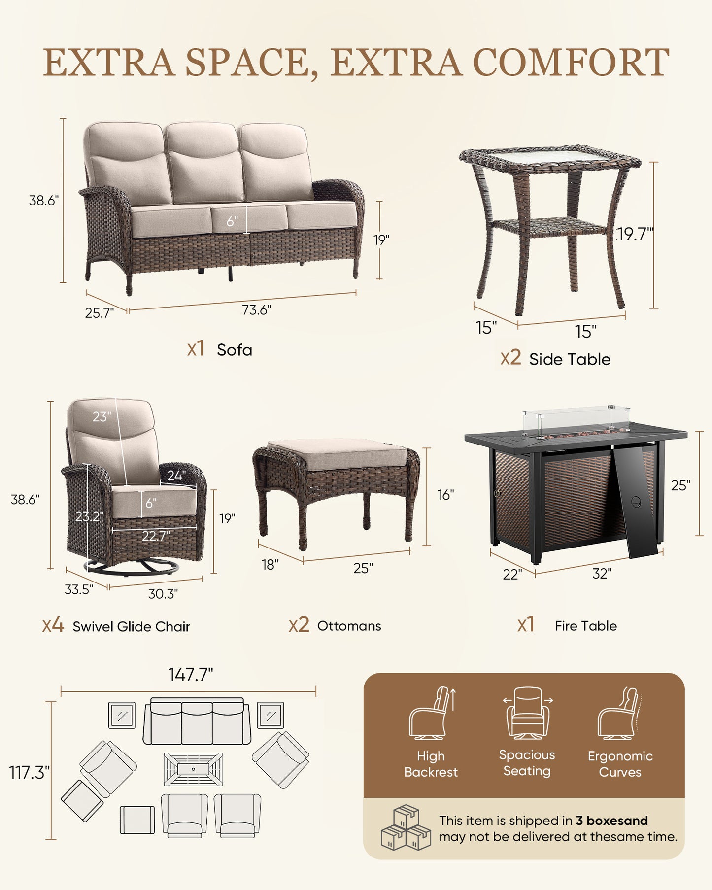 Premium 10-Piece Patio Furniture Set with Metal Fire Pit Table – High-Back Seating for Backyard Living, ND Series - Belord