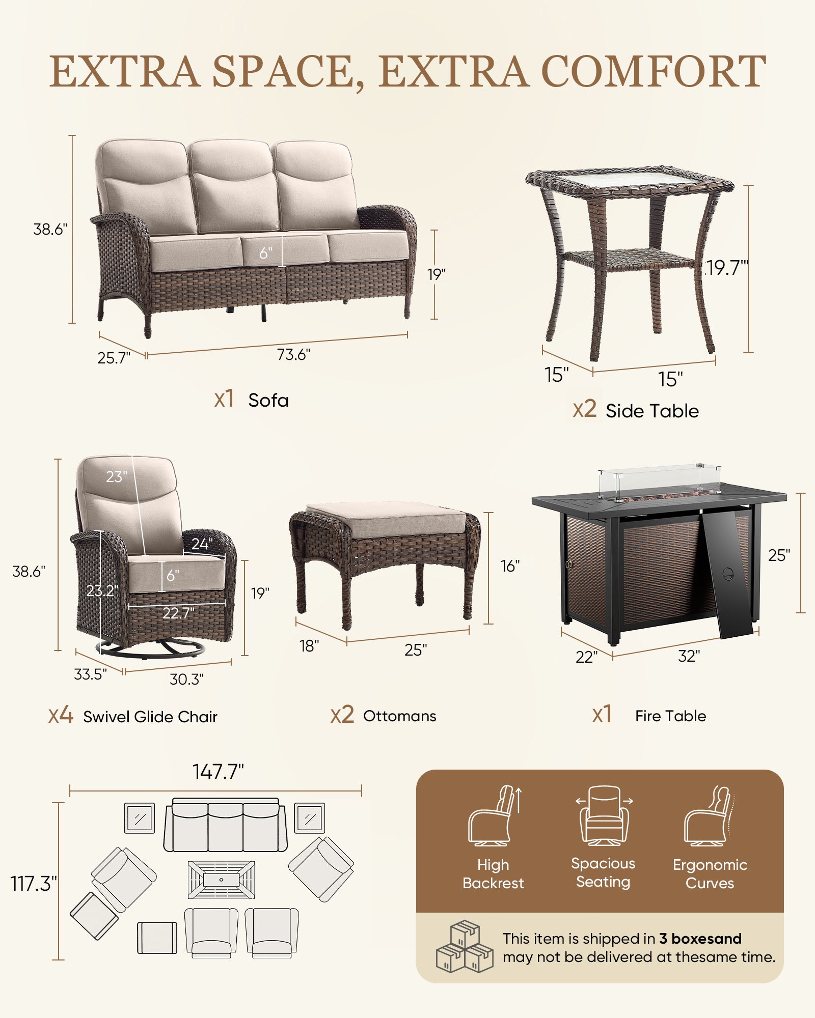 Premium 10-Piece Patio Furniture Set with Metal Fire Pit Table – High-Back Seating for Backyard Living, ND Series - Belord