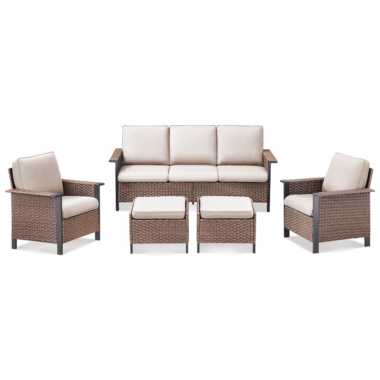 5-Piece All-Weather PE Wicker Conversation Set — Includes 1 Sofa, 2 Patio Chairs & 2 Ottomans with Cushions, WNG Series