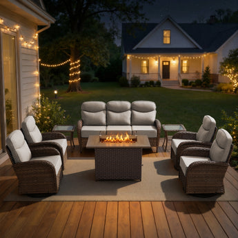 Luxury 8-Piece Rattan Patio Set with Wicker Fire Pit Table – Deep Cushion Comfort for Garden Evenings, ND Series - Belord