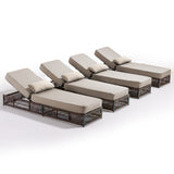 Belord 4-piece outdoor lounge set with brown wicker chaises, beige cushions, all-weather rattan, adjustable seats for patio relaxation.