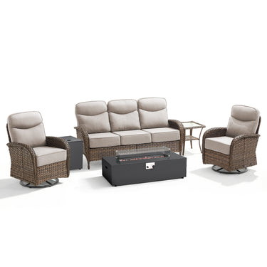 Upgraded 6" Cushion Luxury 5-Piece Patio Furniture Set with Split Fire Pit Table – High-Back Swivel Chairs for Cozy Summer Nights, ND Series - Belord