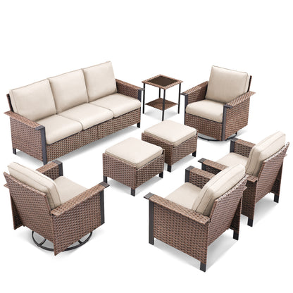 8-Piece Patio Set with Swivel Chairs: All-Weather Wicker 3-Seater Sofa, 2 Ottomans & Rattan Side Table, WNG Series
