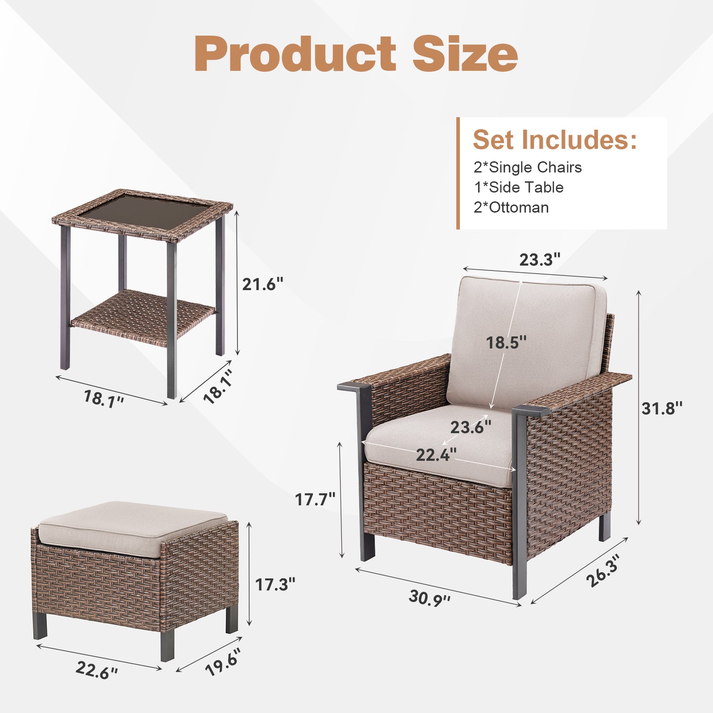 5-Piece Patio Set: 2 High-Back Wicker Patio Chairs, 2 Ottomans & 1 Glass Side Table, WNG Series