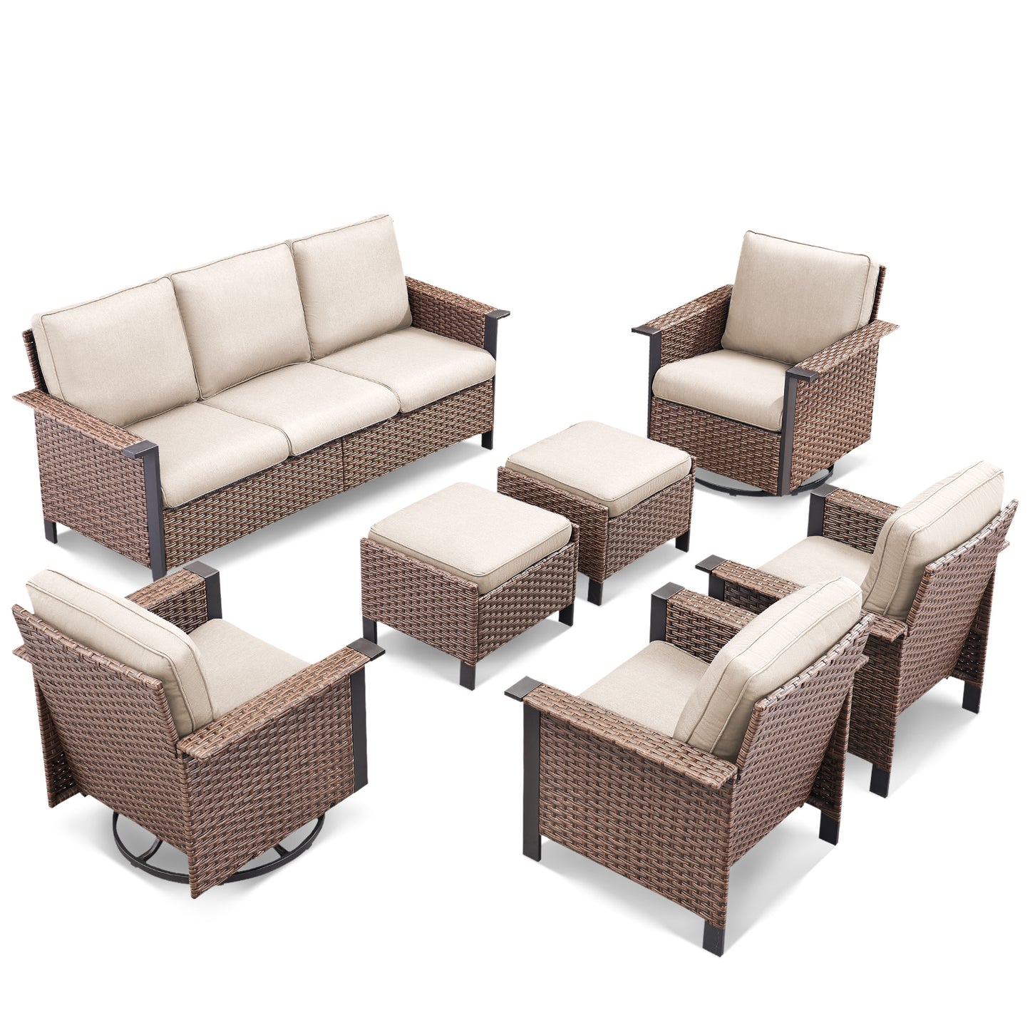 7-Piece All-Weather Wicker Patio Furniture Set: 1 Sofa, 2 Swivel Chairs, 2 Patio Chairs, 2 Ottomans, WNG Series
