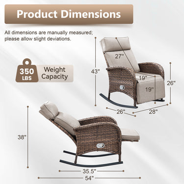 Premium 2-Piece Wicker Rocking Recliner Chair with Adjustable Backrest & Footrest, Cushioned PE Rattan Patio Lounge Chair, NDS Series - Belord
