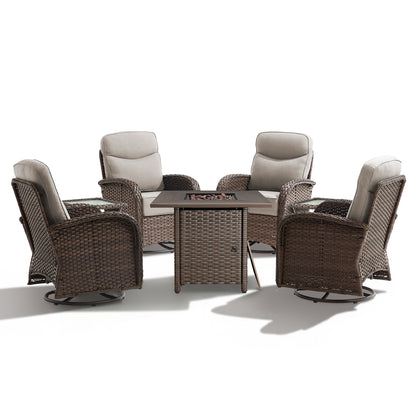 Premium 7-Piece Patio Swivel Chair Set with Square Wicker Fire Pit Table – Cozy Garden Lounge Style, ND Series - Belord