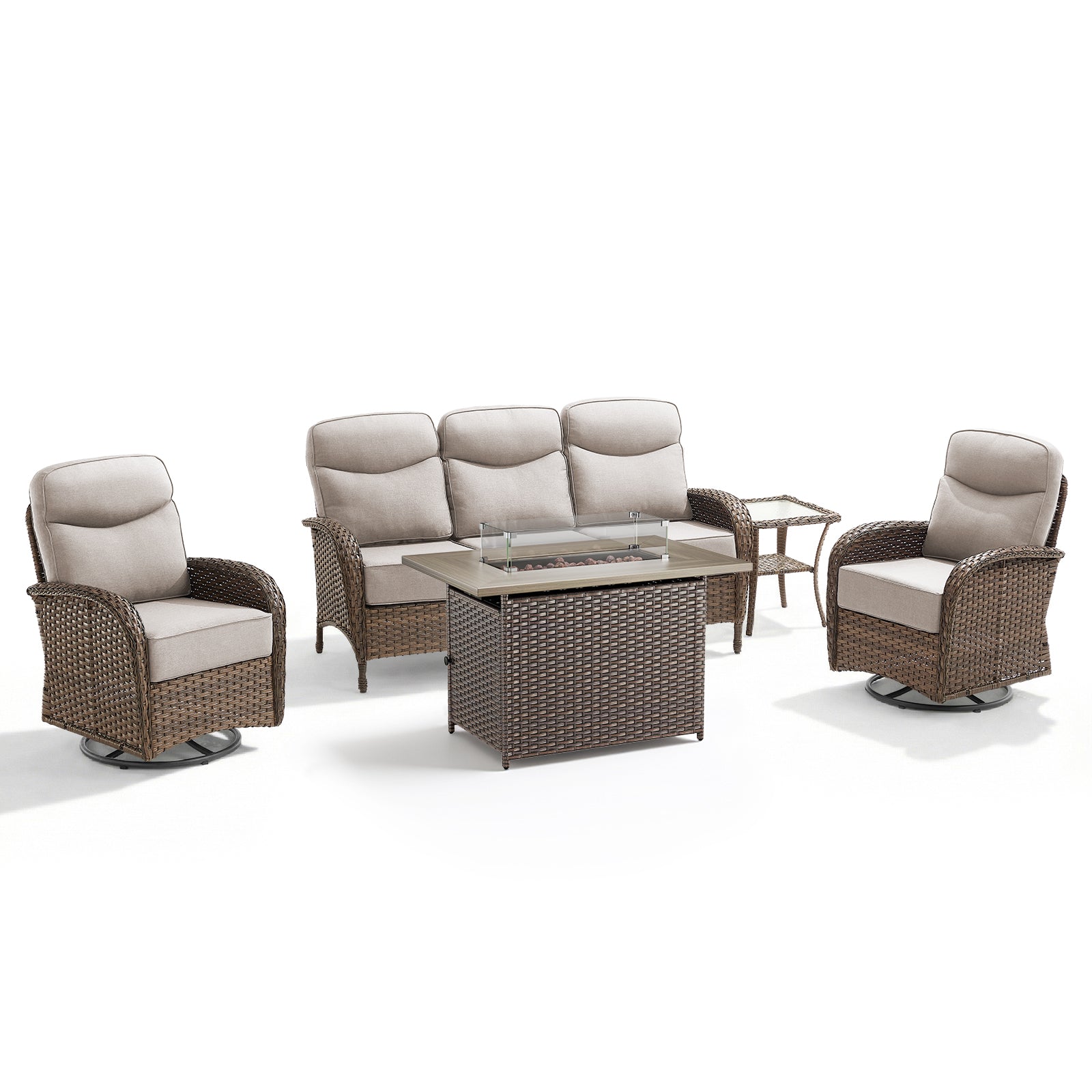 Luxury 5-Piece Rattan Patio Furniture Set with Wicker Fire Pit Table – 6" Cushions for Garden & Backyard Living, ND Series - Belord