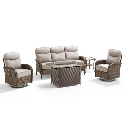 Luxury 5-Piece Rattan Patio Furniture Set with Wicker Fire Pit Table – 6" Cushions for Garden & Backyard Living, ND Series - Belord