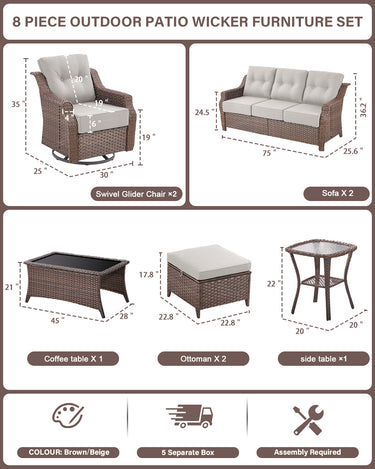 8-Piece Luxury Outdoor Wicker Set - 2 High Back Swivel Glider Chairs + 2 Rattan Sofa, Coffee Table & Ottoman, Ovolo Series - Belord