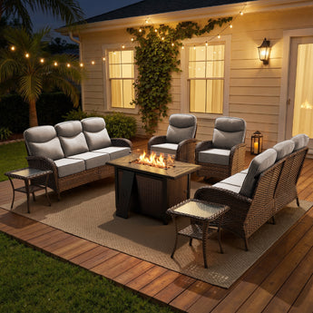 Modern 7-Piece Patio Conversation Set with Rectangular Fire Pit Table – All-Weather Wicker & High Back Comfort, ND Series - Belord