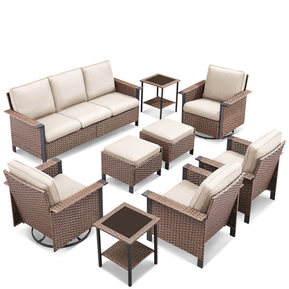 Large 9-Piece Conversation Set — Sofa, 4 Chairs (2 Swivel & 2 Patio Chairs), 2 Ottomans, 2 Side Tables, WNG Series