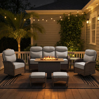 Premium 7-Piece Wicker Patio Set with Rattan Fire Pit Table – High-Back Seating for Garden Relaxation, ND Series - Belord