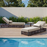Brown wicker 3-piece patio lounge set with beige cushions, two adjustable chaise lounges, and a side table from Belord NTC Series.