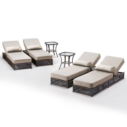 6-Piece Wicker Patio Lounge Set – 4 Adjustable 76.8" Chaise Lounges with 5-Inch Cushions + 2 Side Tables, NTC Series