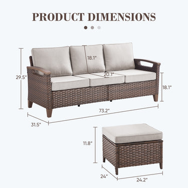 BBR Series 3-Piece Patio Set: 1 Sofa + 2 Ottomans - PE Wicker with Thick Cushions - Belord