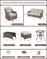 7-Piece Luxury Outdoor Conversation Set - High Back Swivel Glider Chairs with 3-Seat Sofa & Ottoman, Ovolo Series - Belord