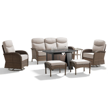 Luxury 7-Piece Patio Lounge Set with Metal Fire Pit Table & Ottomans – Deep Cushion Comfort for Deck Evenings, ND Series - Belord