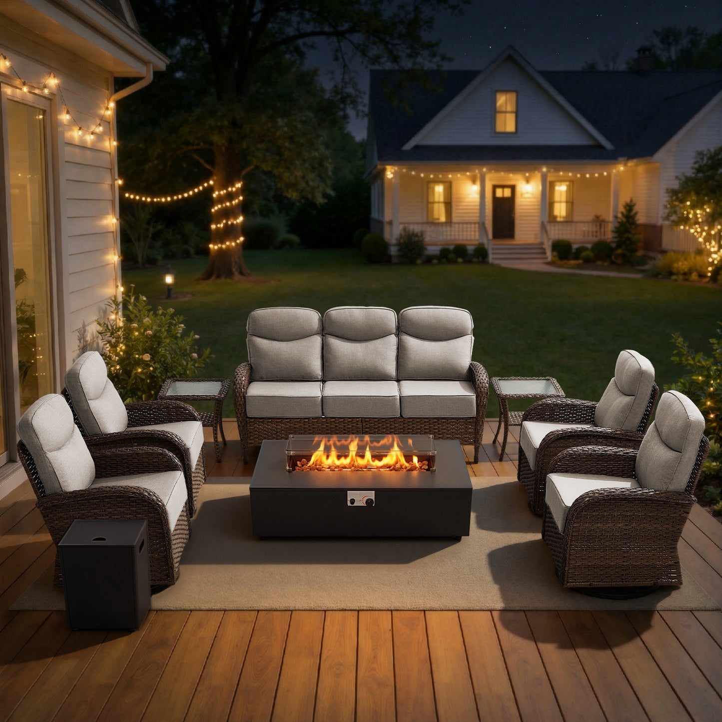 Spacious 8-Piece Patio Furniture Set with Split Fire Pit Table – High-Back Swivel Seating for Backyard Hosting, ND Series - Belord