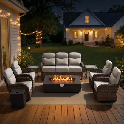 Spacious 8-Piece Patio Furniture Set with Split Fire Pit Table – High-Back Swivel Seating for Backyard Hosting, ND Series - Belord