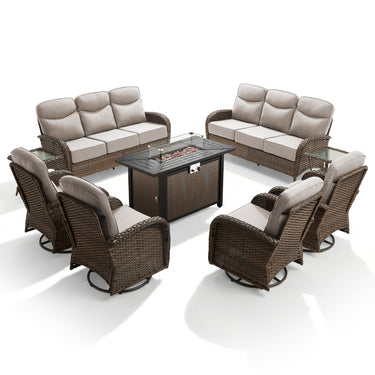 Spacious 9-Piece Patio Conversation Set with Metal Fire Pit Table – All-Weather Wicker Seating for Outdoor Gatherings, ND Series - Belord