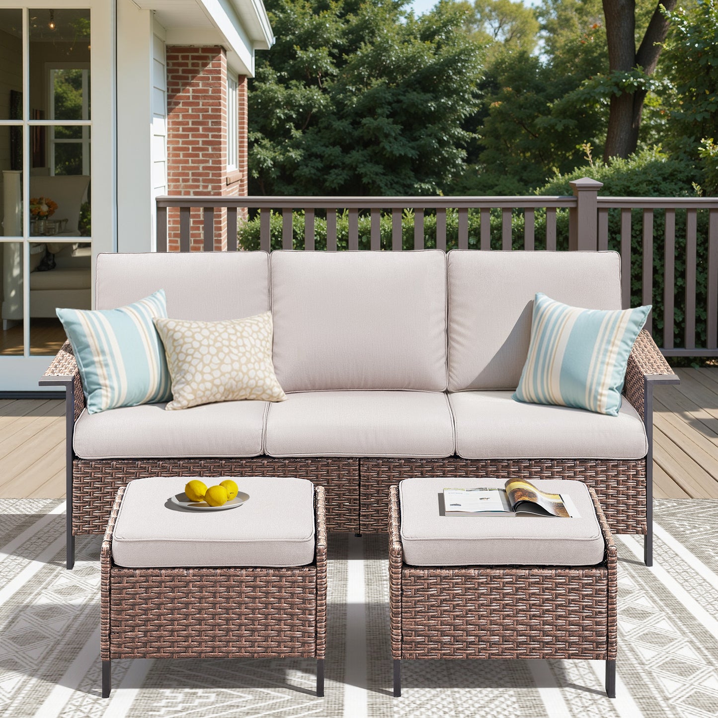 All-Weather Rattan Patio Sofa Set (3 PCS) — High-Back 3-Seater Deep Seat Couch with Ottomans, WNG Series