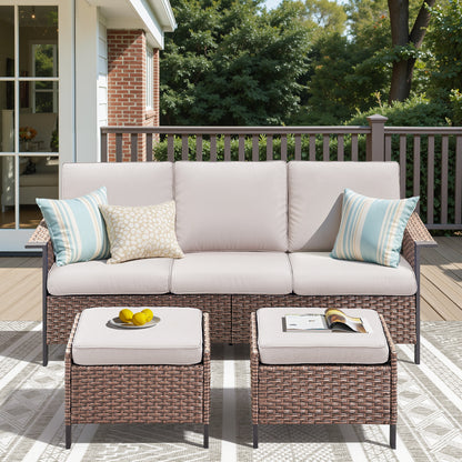 All-Weather Rattan Patio Sofa Set (3 PCS) — High-Back 3-Seater Deep Seat Couch with Ottomans, WNG Series