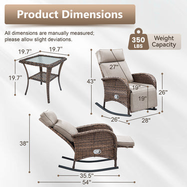 Luxury 3-Piece Adjustable Rocking Set - PE Wicker Recliners with Side Tables, NDS Series - Belord