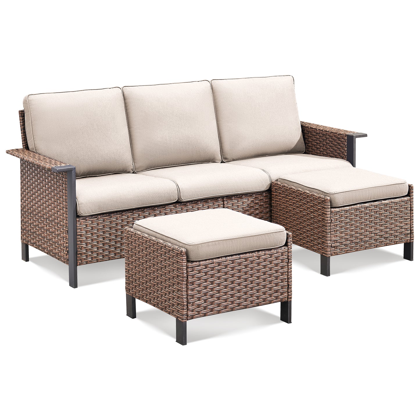All-Weather Rattan Patio Sofa Set (3 PCS) — High-Back 3-Seater Deep Seat Couch with Ottomans, WNG Series