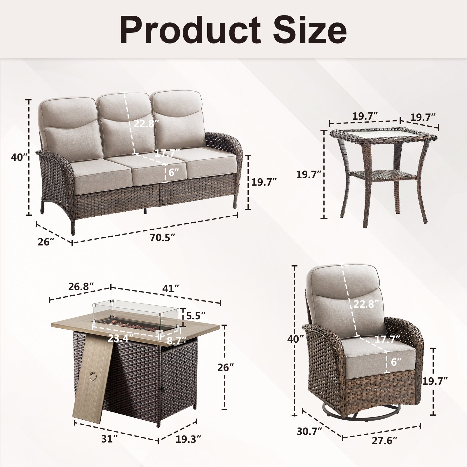 Luxury 5-Piece Rattan Patio Furniture Set with Wicker Fire Pit Table – 6" Cushions for Garden & Backyard Living, ND Series - Belord