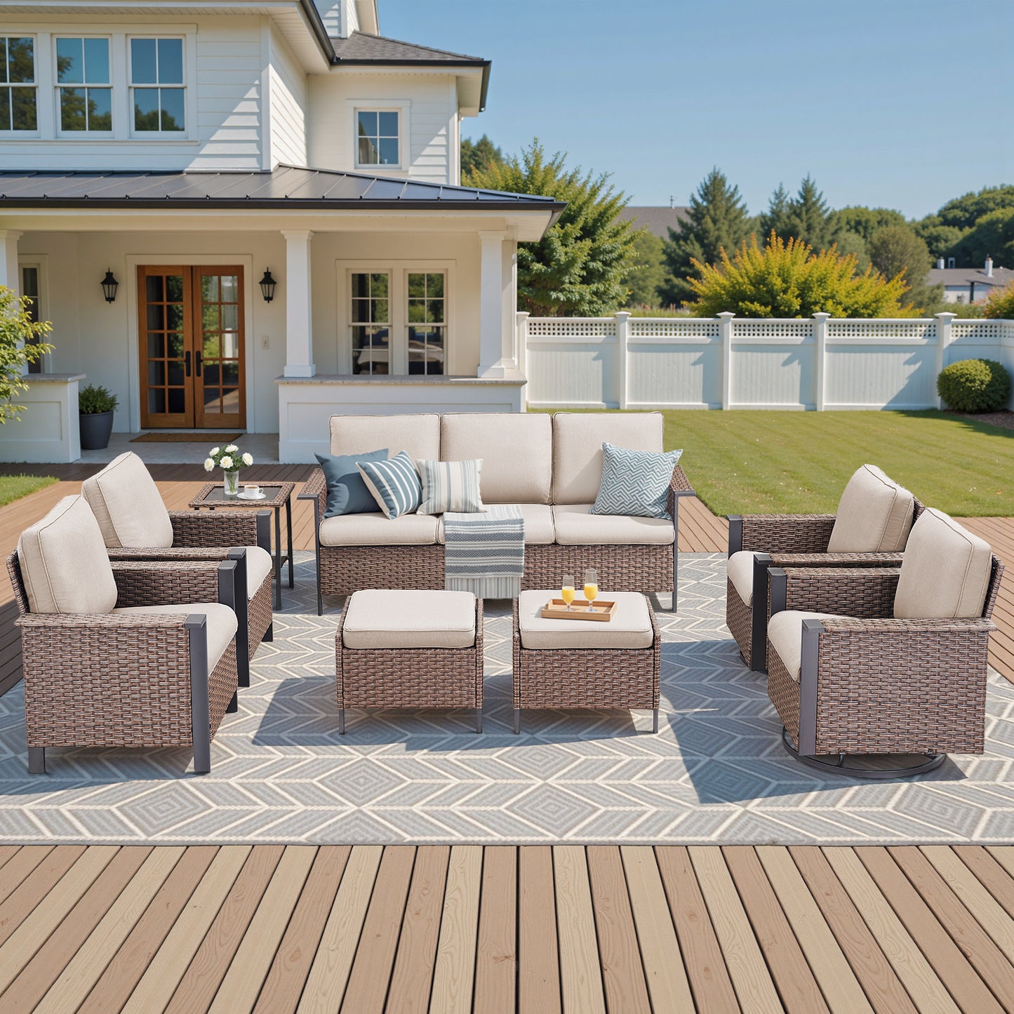 8-Piece Patio Set with Swivel Chairs: All-Weather Wicker 3-Seater Sofa, 2 Ottomans & Rattan Side Table, WNG Series